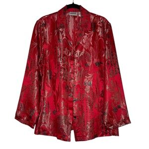Chicos Design Asian Silk Shirt Tapestry Brocade Button Up Floral Red SZ Medium
